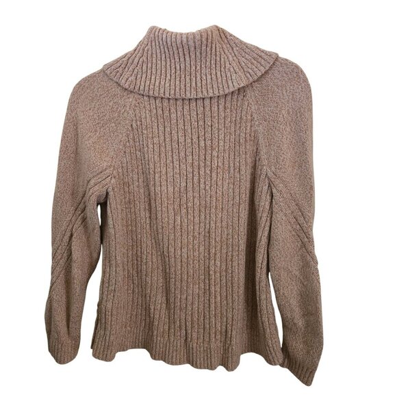 Talbots Cable Cowl Neck Sweater Tan Marled Gold Button Detail Sustainable Size M - Picture 3 of 8